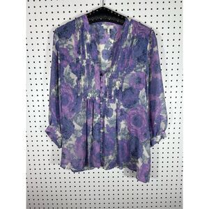Joie Datev Floral Pleated Button Down Blouse 100% Silk 3/4 Sleeve Top Blouse siz